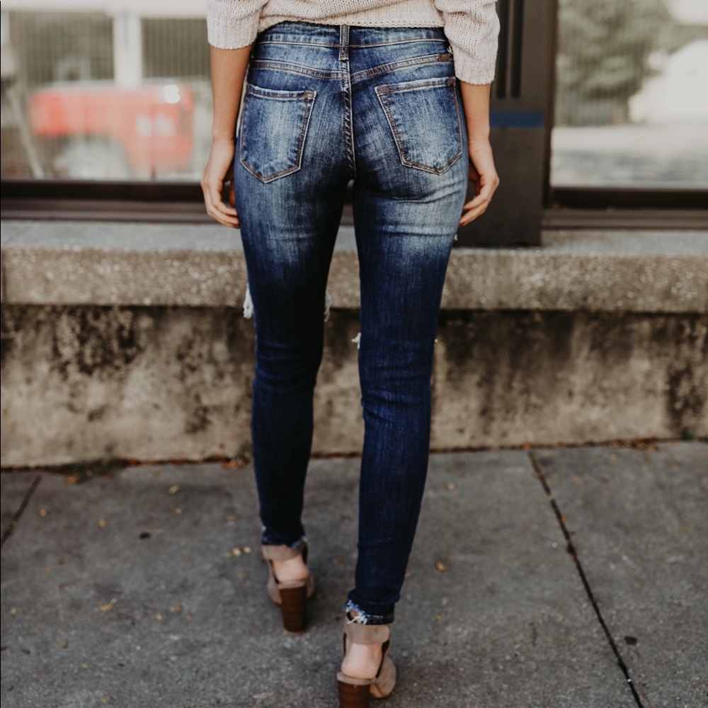 Distressed Denim Ankle Skinny Dark Wash Jeans - Picture 5 of 9